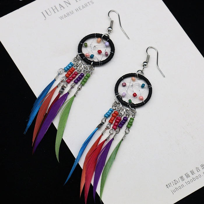 Wholesale Boho Feather Tassel Rice Beads Dreamcatcher Earrings MOQ≥2 JDC-ES-HH010