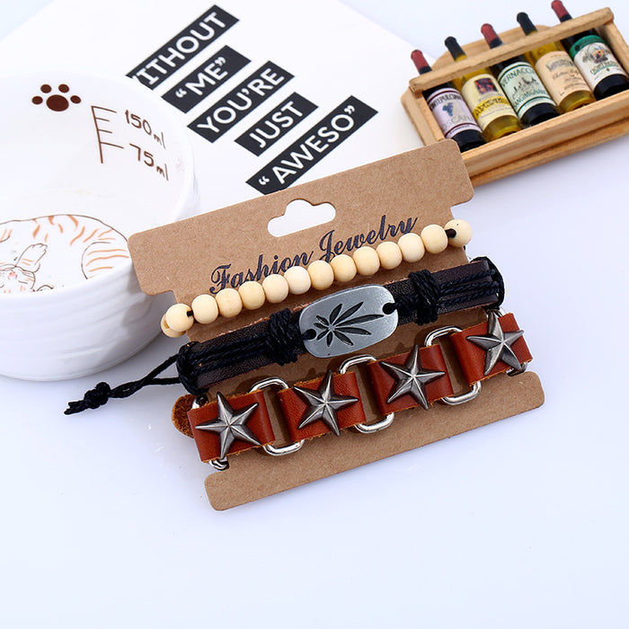 Wholesale Bracelet Leather Wooden Beads Hemp Rope Alloy Men's Vintage Braid JDC-BT-PK041
