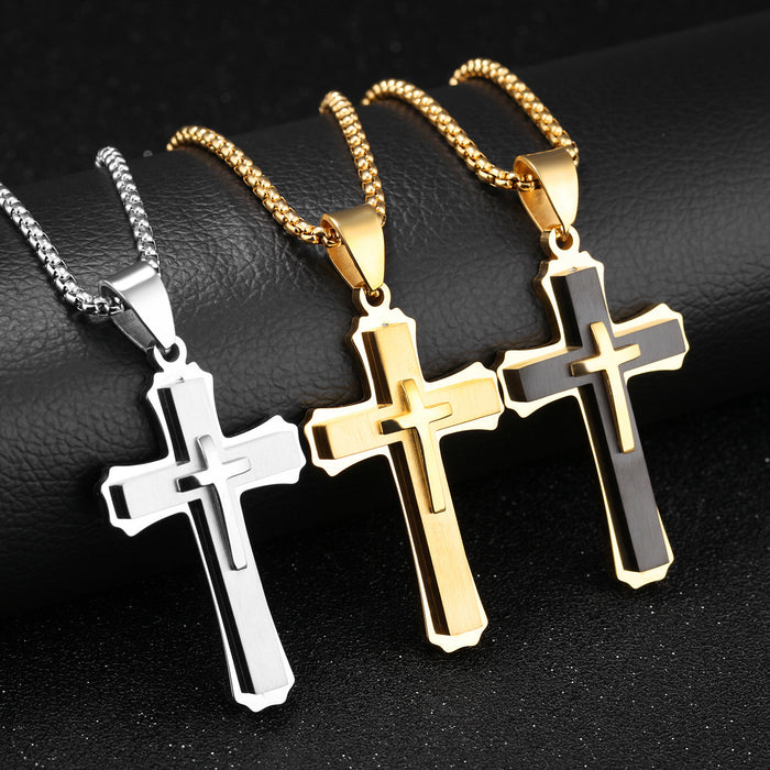 Wholesale three-layer cross necklace titanium steel domineering necklace boys decoration lettering JDC-NE-GeJ008