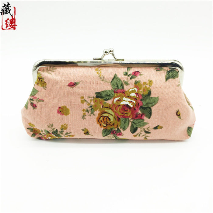 Wholesale new canvas rose coin purse ladies long hand holding cloth art mouth gold bag children's trinkets MOQ≥3 JDC-HB-Canglv003