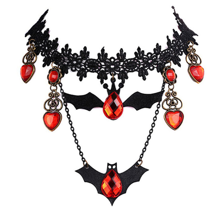 Wholesale Necklace Alloy Halloween Lace Bat Earring Set MOQ≥2 JDC-NE-CongX001