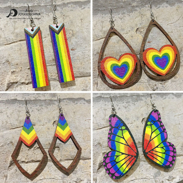 Wholesale Earrings Wooden Rainbow Love Heart Valentine Butterfly 2 Pairs JDC-ES-HeYi088