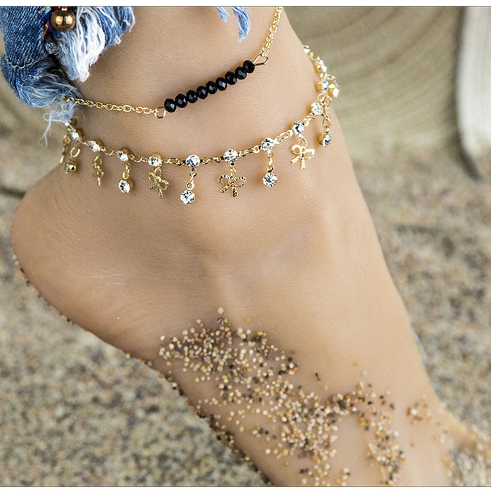 Wholesale glittering rhinestone Bow Pendant Black Beads Foot Chain JDC-AS-ZuanL007