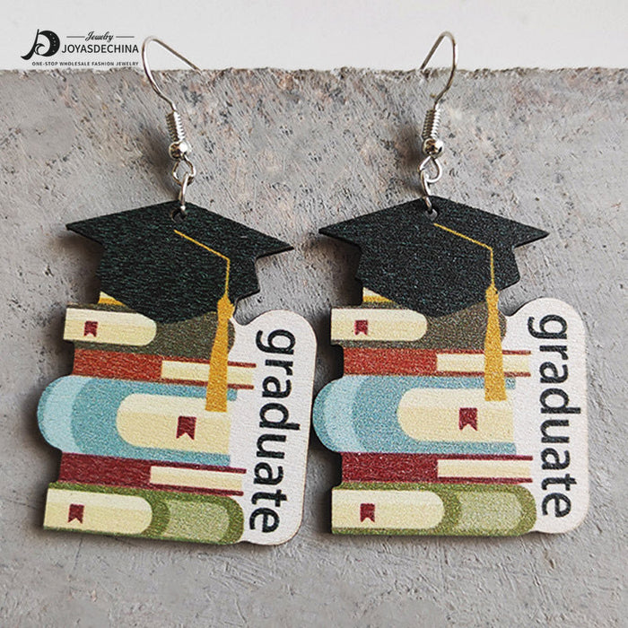Wholesale Earrings Wooden Teacher's Day Cute Book Graduation Caps 3 Pairs JDC-ES-Heyi054