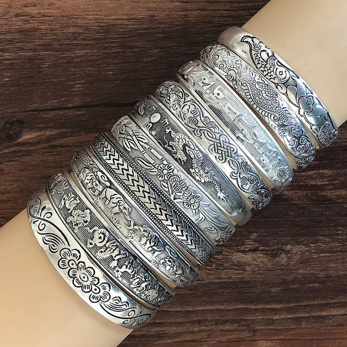 Bracelet argenté tibétain en gros Miao Silver Jewelry Vintage sculpté ouverture JDC-BT-YF005