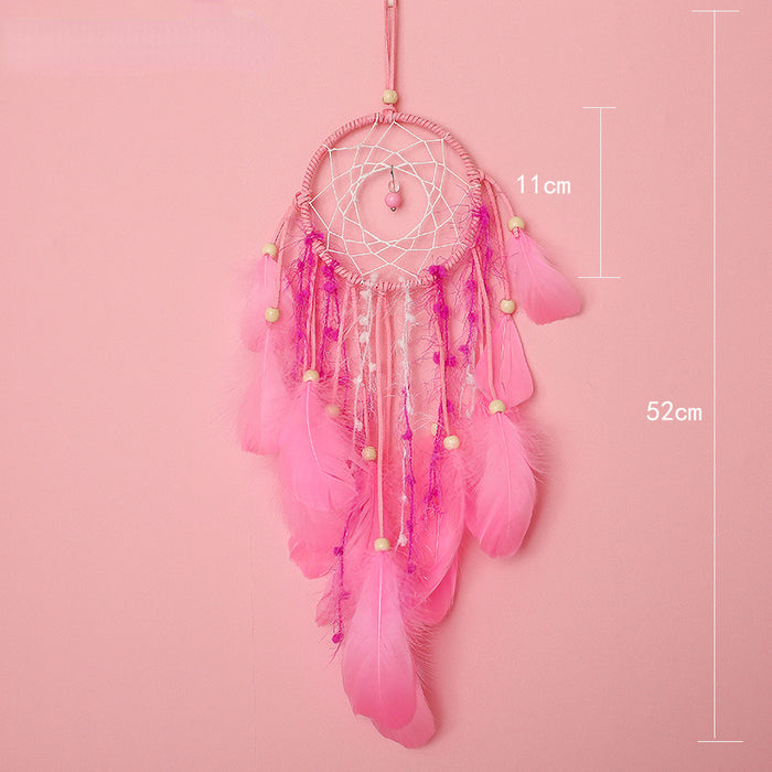 Wholesale Dreamcatcher Iron Ring Feather Wooden Bead Pink Birthday Gift JDC-DC-XR022