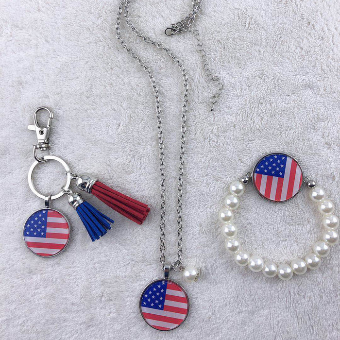 Mayor 4 de julio Día de la independencia de la bandera Americana Pulsera de collar de aleación de la bandera Conjunto de llavero MOQ≥2 JDC-BT-ZHIY001