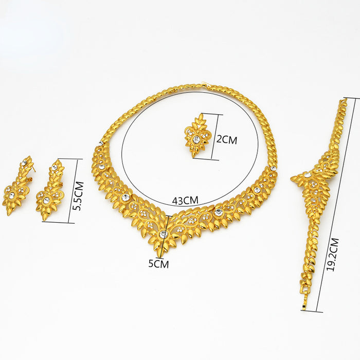 Wholesale Bridal Flower Plated 24K Gold Alloy Necklace Bracelet Earrings Ring Jewelry Set MOQ≥2 JDC-JS-AND003