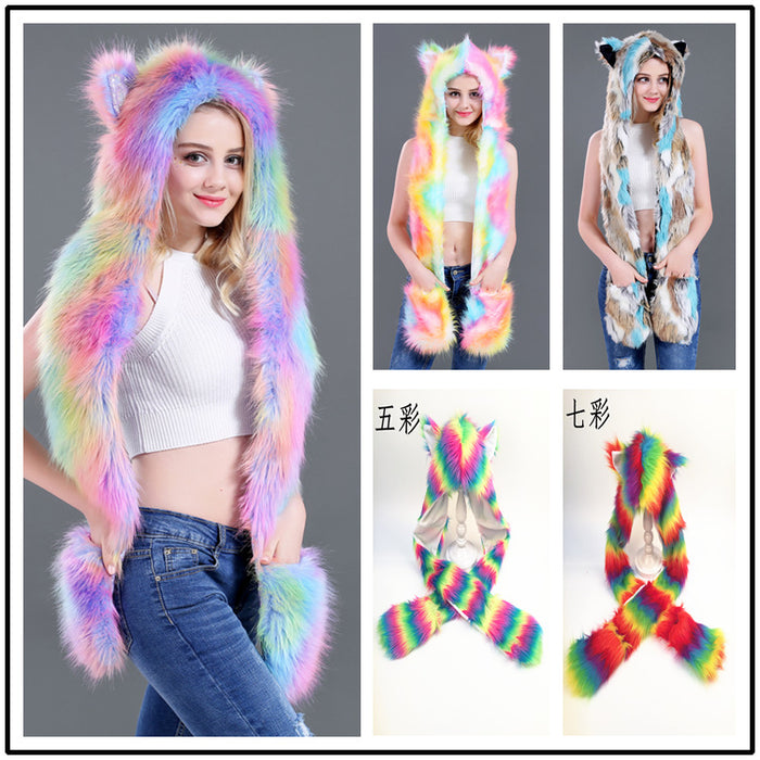 Wholesale Hat Acrylic Faux Fur Hat Color Unicorn Scarf Gloves All in One MOQ≥2 JDC-FH-LHYN002