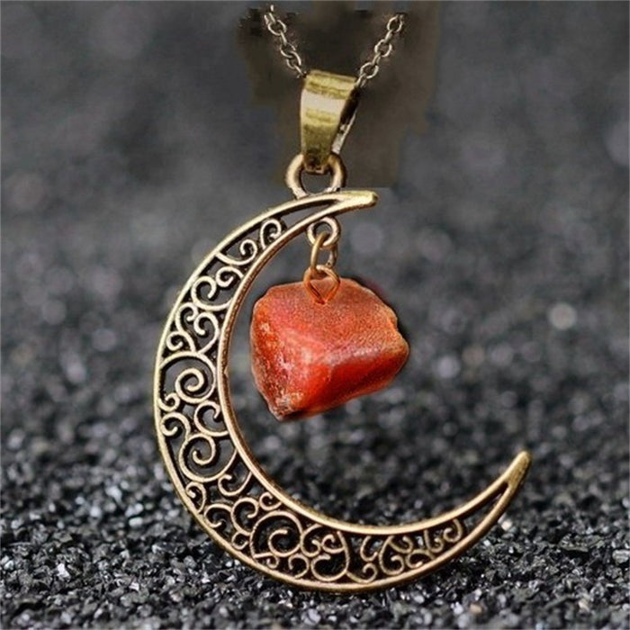 Wholesale Jewelry Natural Stone Crystal Necklace Vintage Moon Alloy Sweater Chain MOQ≥3 JDC-NE-shenX002