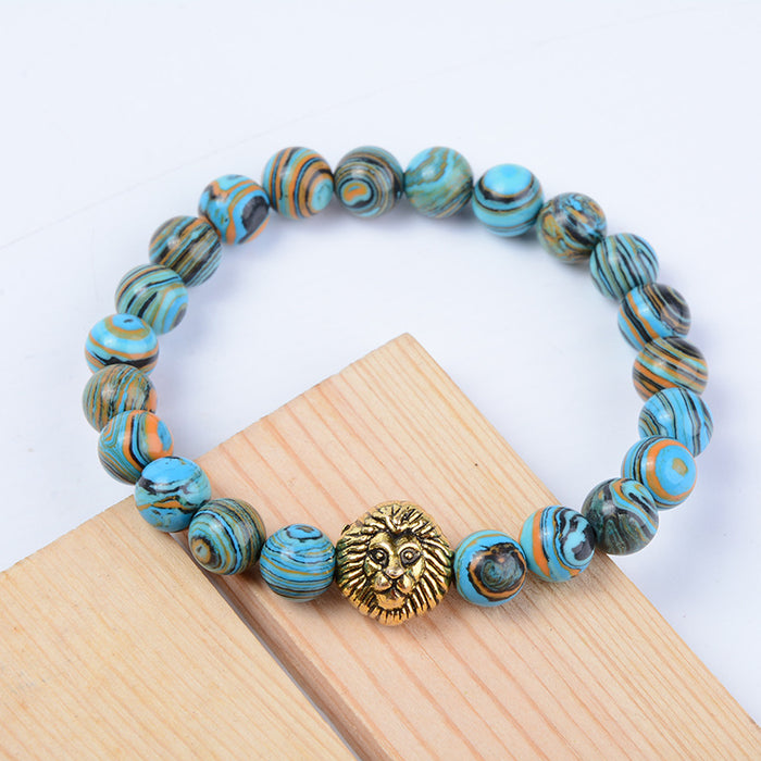 Wholesale Bracelet Stone Alloy Blue Malachite Lion Head Beads JDC-BT-ZM030