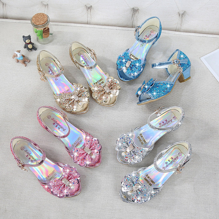 Wholesale girls high heels children princess sandals bow crystal heels JDC-SD-MSX001