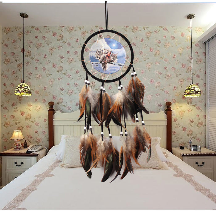 Wholesale Indian Oil Painting Wolf Totem Feather Flocking Cloth Woven Dreamcatcher JDC-DC-LZ050