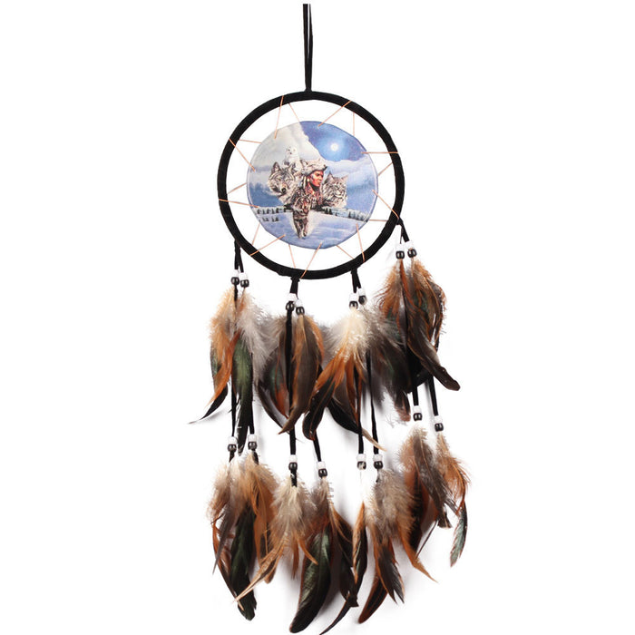 Wholesale Indian Oil Painting Wolf Totem Feather Flocking Cloth Woven Dreamcatcher JDC-DC-LZ050