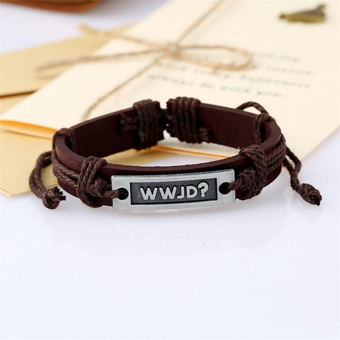 Wholesale cowhide ethnic alphabet leather bracelet WWJD bracelet JDC-BT-SaiH016