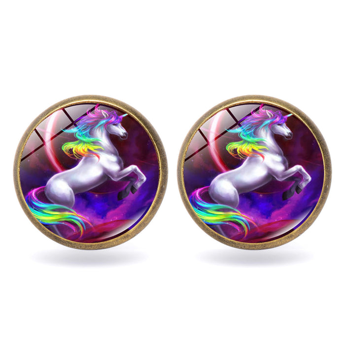 Wholesale Cartoon Time Gem Stud Earrings Retro Rainbow Horse JDC-ES-Songx036
