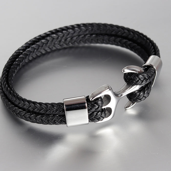 Wholesale Bracelet Stainless Steel Anchor Genuine Leather Vintage Woven JDC-BT-OuSD006