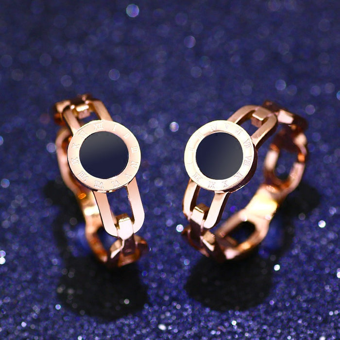 Wholesale Ring Alloy Titanium Steel Rose Gold Plated Roman Numeral Black Disc Ring JDC-RS-Yuqin003