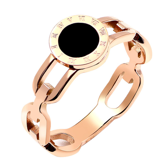 Wholesale Ring Alloy Titanium Steel Rose Gold Plated Roman Numeral Black Disc Ring JDC-RS-Yuqin003