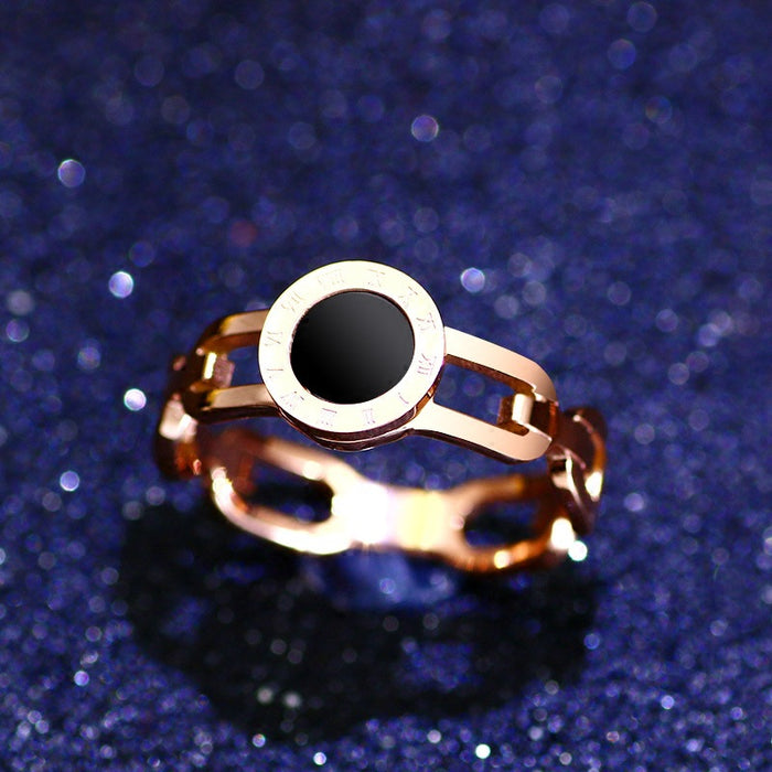 Anillo al por mayor aleación de acero de acero de acero rosa chapado en color romano anillo de disco negro jdc-rs-yuqin003