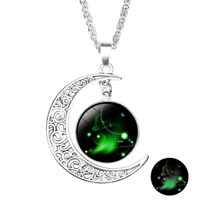 Wholesale Necklace Alloy Luminous 12 Constellation Crescent Crystal MOQ≥2 JDC-NE-NingX013