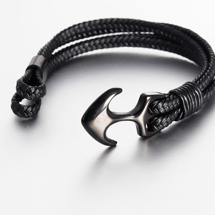 Wholesale Bracelet Stainless Steel Black Leather Braided Boat Anchor JDC-BT-OuSD008