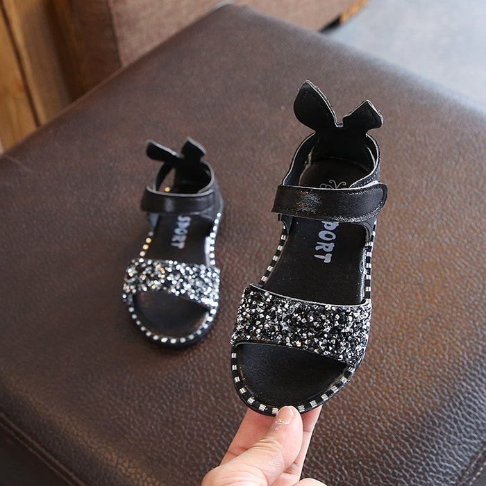 Sandalias de orejas de conejo para niños al por mayor chicas Lectin Rhinestone Roman Shoes JDC-SD-Huix001