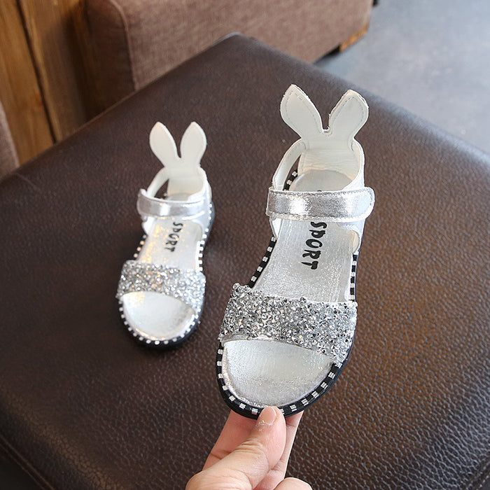 Sandalias de orejas de conejo para niños al por mayor chicas Lectin Rhinestone Roman Shoes JDC-SD-Huix001
