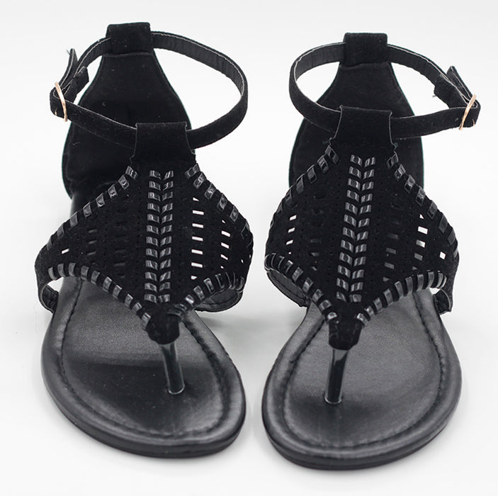 Wholesale Sandals Flat Summer Black Suede Flat Sandals Roman Woven Handmade Shoes JDC-SD-QianH032