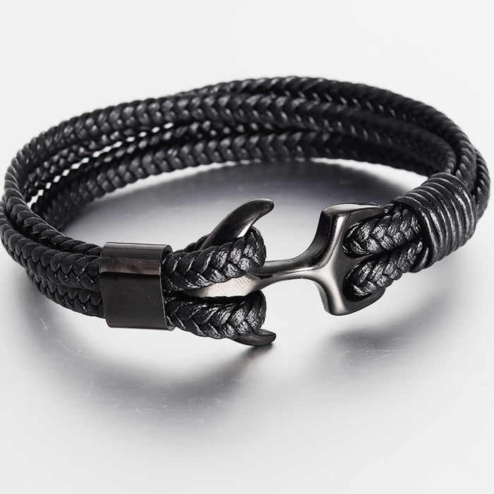 Wholesale Bracelet Stainless Steel Black Leather Braided Boat Anchor JDC-BT-OuSD008