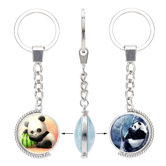 Wholesale Panda Eating Bamboo Time Gemstone Alloy Glass Keychain JDC-KC-NingX017