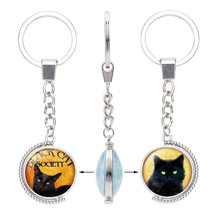 Wholesale Keychain Alloy Halloween Black Cat Silver Rotation JDC-KC-NingX020