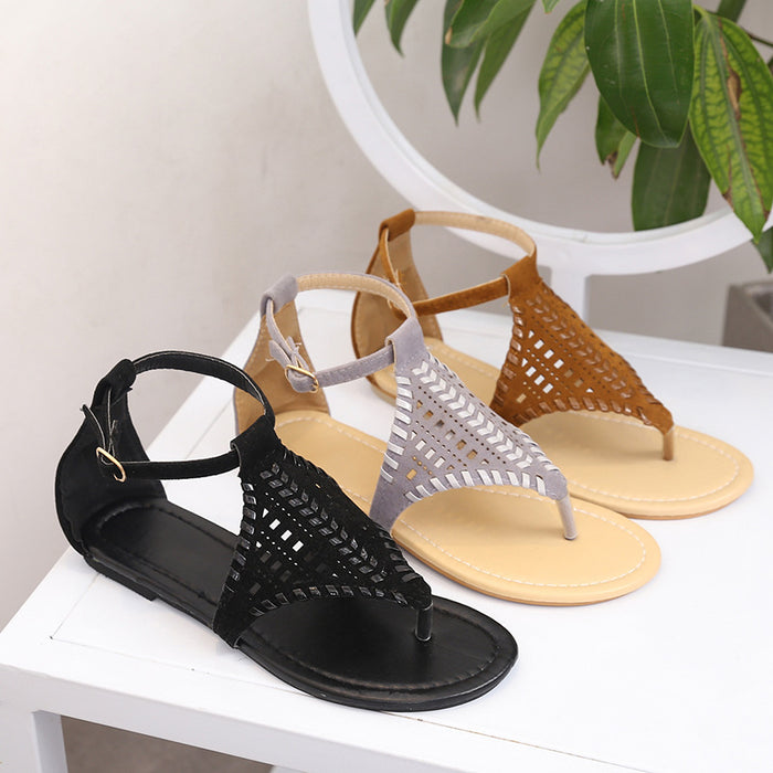 Wholesale Sandals Flat Summer Black Suede Flat Sandals Roman Woven Handmade Shoes JDC-SD-QianH032