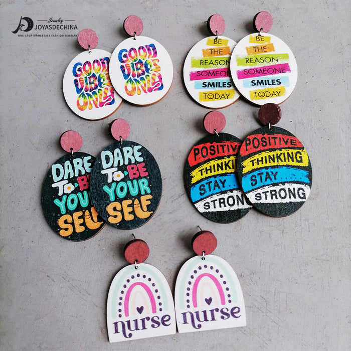 Wholesale Earrings Wooden Letters Colorful Rainbow Nurse 2 Pairs JDC-ES-Heyi056