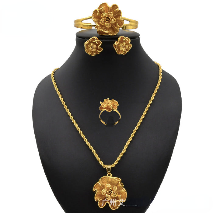 Wholesale Bridal Flower Plated 24K Gold Alloy Necklace Bracelet Earrings Ring Jewelry Set MOQ≥2 JDC-JS-AND002