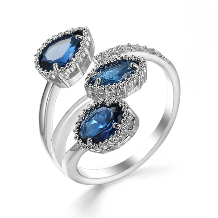 Wholesale Water Drop Sapphire Blue Zirconia Copper Adjustable Ring MOQ≥10 JDC-RS-LongY013