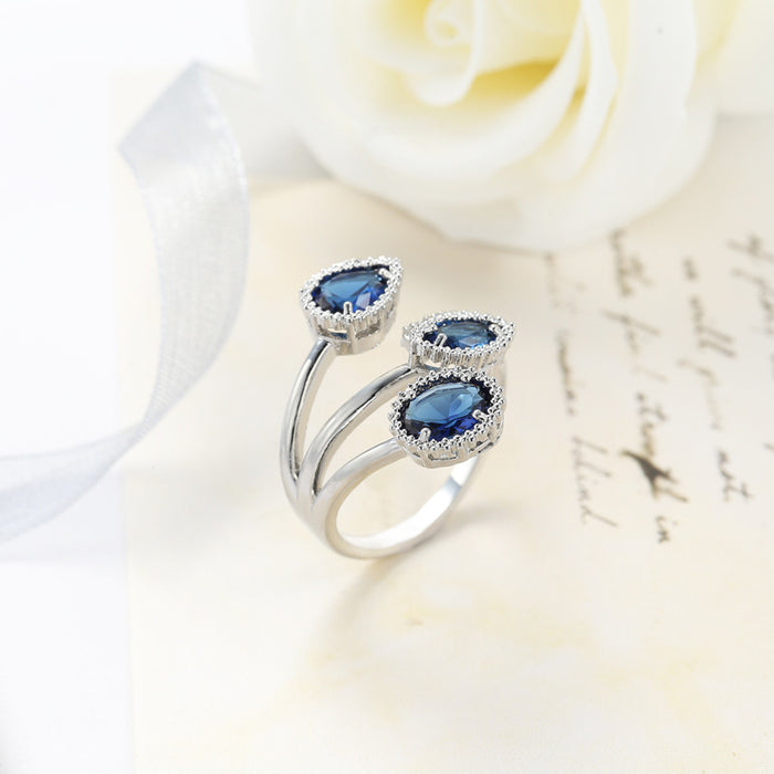 Wholesale Water Drop Sapphire Blue Zirconia Copper Adjustable Ring MOQ≥10 JDC-RS-LongY013