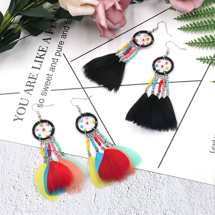 Wholesale Colorful Feather Tassel Boho Beads Dreamcatcher Earrings MOQ≥2 JDC-ES-HH011