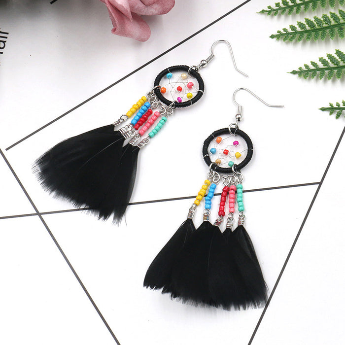 Wholesale Colorful Feather Tassel Boho Beads Dreamcatcher Earrings MOQ≥2 JDC-ES-HH011