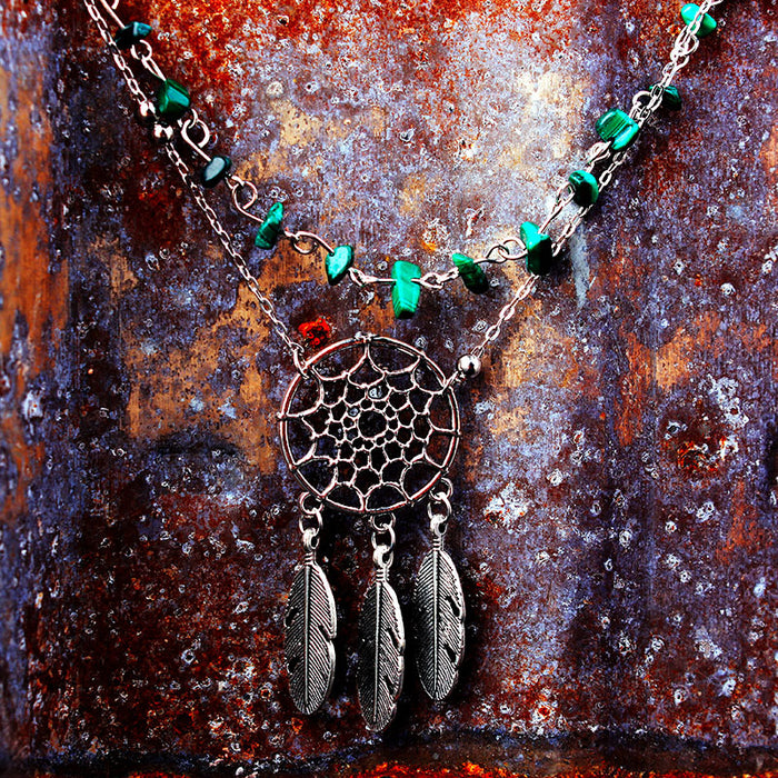 Wholesale Irregular Malachite Turquoise Hollow Dream Catcher Feather Anklet JDC-AS-Lingda001