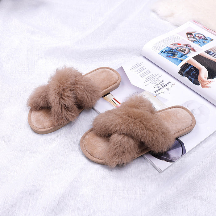 Wholesale slippers autumn and winter rabbit hair cross cotton ladies home plush slippers MOQ≥2 JDC-SP-ChengRui001