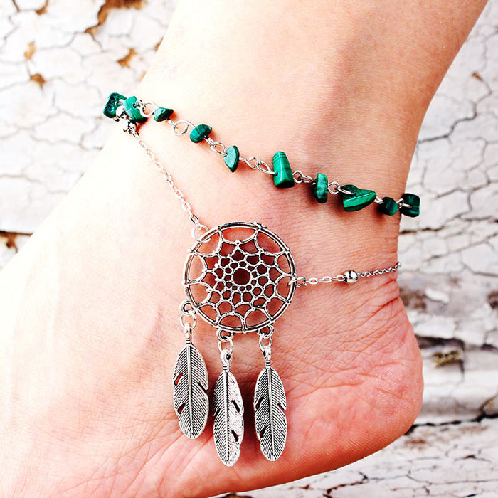 Wholesale Irregular Malachite Turquoise Hollow Dream Catcher Feather Anklet JDC-AS-Lingda001