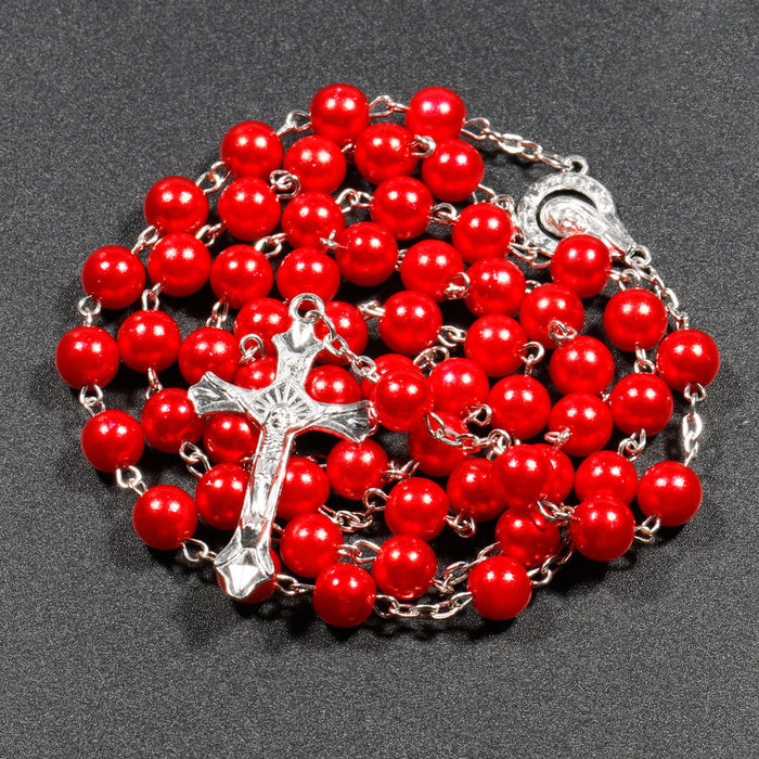 Wholesale Cross Rosary Long Imitation Pearl Necklace JDC-NE-NingX003