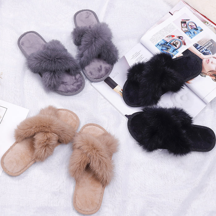 Zapatillas al por mayor de conejos e invierno cabello de conejo cross algodón damas de peluche de peluches moq≥2 jdc-sp-chengrui001