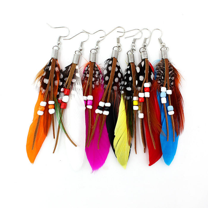 Wholesale Long Feather Earrings Boho Rice Beads Tassel MOQ≥2 JDC-ES-Zhongn001