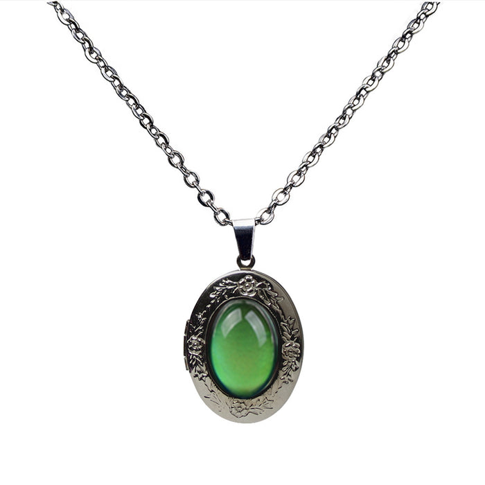 Wholesale Gemstone Thermochromic Pendant Necklace Stainless Steel O Chain JDC-NE-LanAng004
