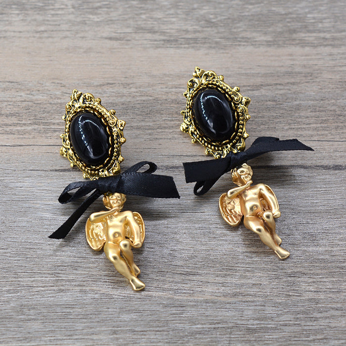Wholesale Baroque Vintage Angel Cupid Enamel Pearl Gold Earrings JDC-ES-PREMNT004