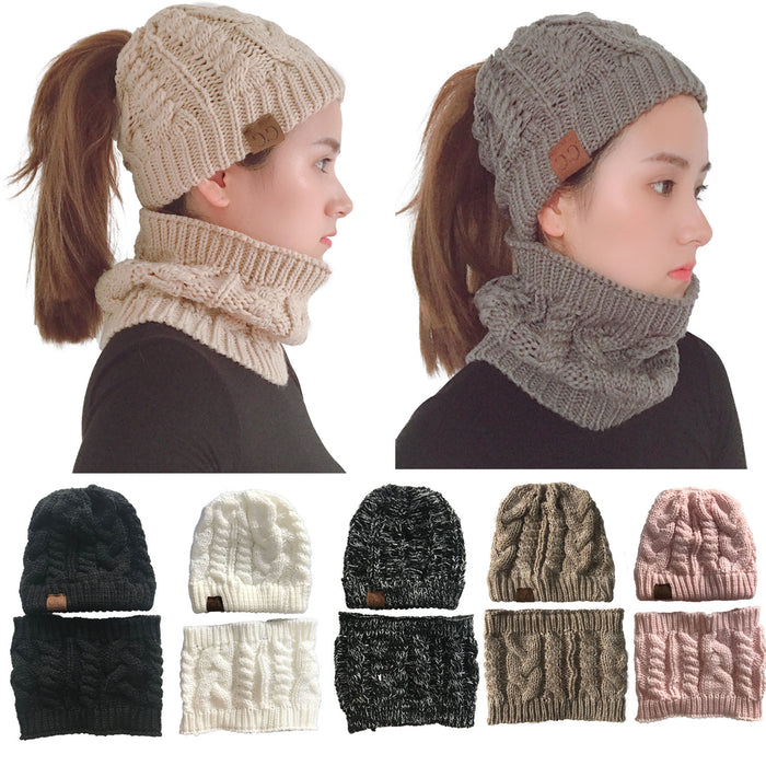 Wholesale Hat Acrylic Empty Top Ponytail Knitted Scarf 2 Piece Set MOQ≥3 JDC-FH-Chengy002