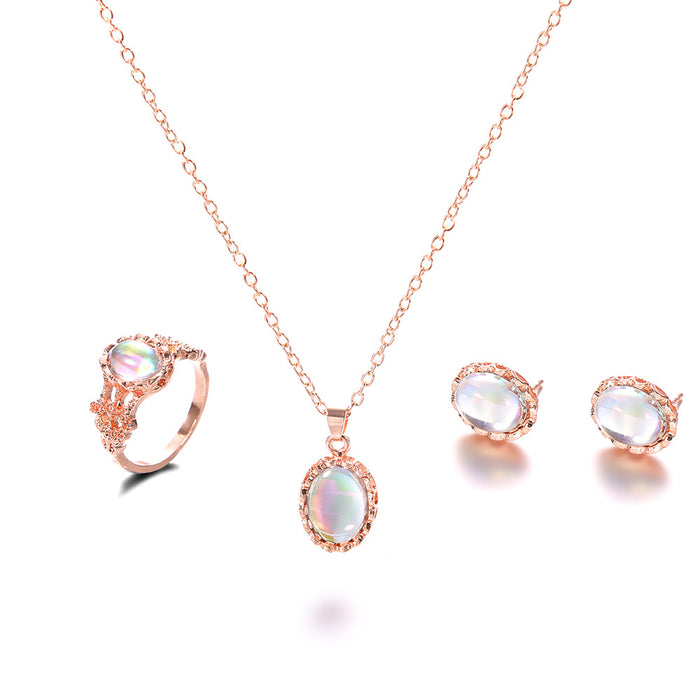 Wholesale Jewelry Colorful Gemstone Ring Necklace Stud Earrings 3 Piece Set JDC-NE-SR002