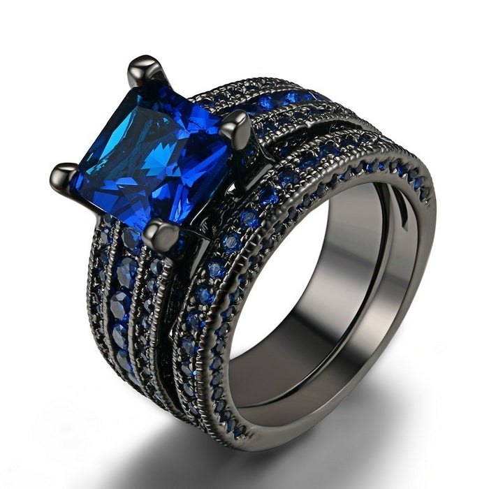 Wholesale Rings Alloy Blue Cubic Zirconia Micro Inlay Black Gold Plated Double Layer JDC-RS-AnC003